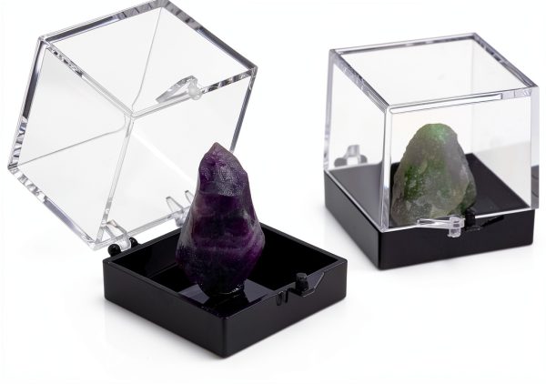 Cabilock 48PCS Mineral Display Boxes, Clear Acrylic Display Box for Rock Agate Slices Crystals Coral, Standard Cube Countertop Showcase Stand with Black Base-4