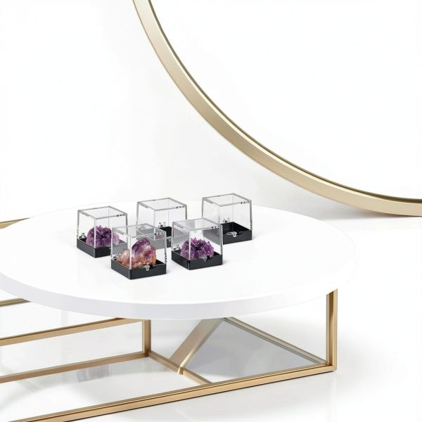 Cabilock 48PCS Mineral Display Boxes, Clear Acrylic Display Box for Rock Agate Slices Crystals Coral, Standard Cube Countertop Showcase Stand with Black Base-5