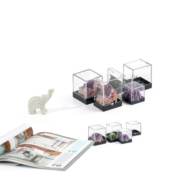 Cabilock 48PCS Mineral Display Boxes, Clear Acrylic Display Box for Rock Agate Slices Crystals Coral, Standard Cube Countertop Showcase Stand with Black Base-7