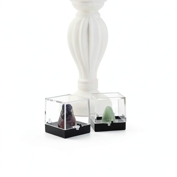 Cabilock 48PCS Mineral Display Boxes, Clear Acrylic Display Box for Rock Agate Slices Crystals Coral, Standard Cube Countertop Showcase Stand with Black Base-2